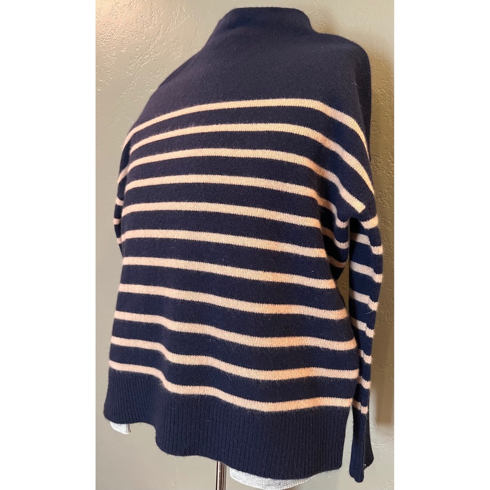Magaschoni Cashmere Mock Neck Sweater Navy Tan Striped 100% Cashmere Womens S